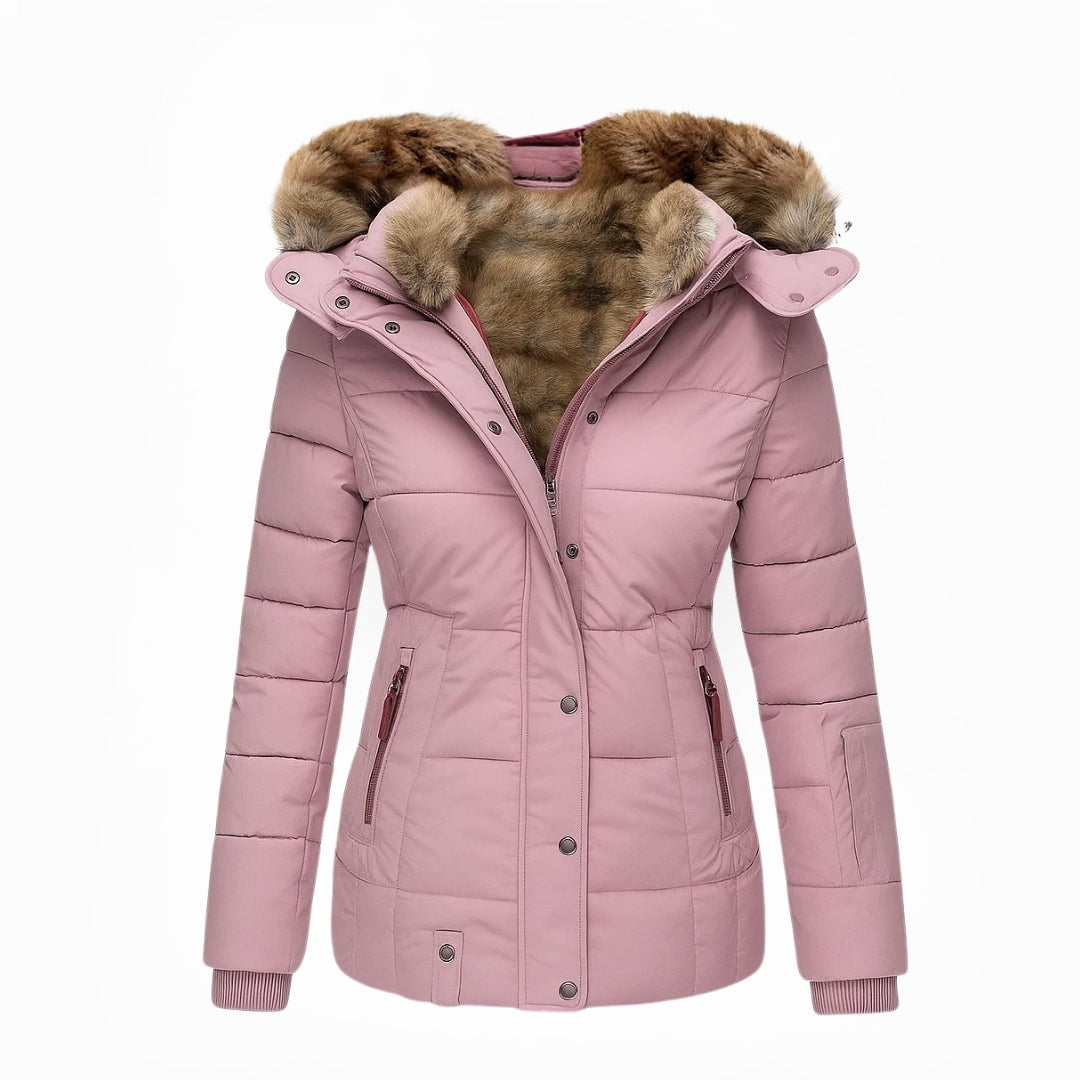 Manteau d’hiver rose poudré à capuche doublée en fausse fourrure beige, fermeture boutonnée
