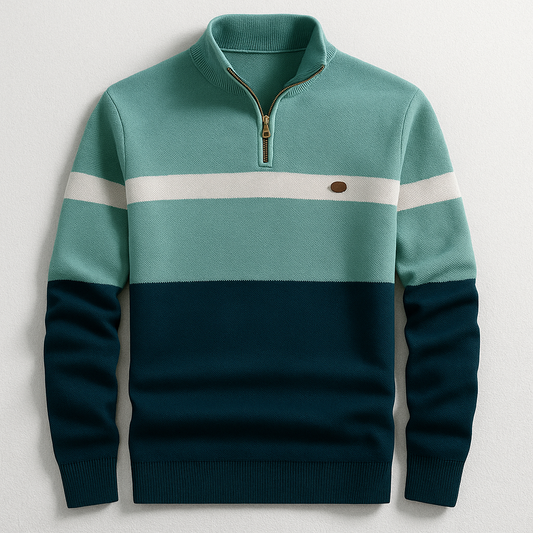 Pull ajusté en maille, demi-zip, bandes vert menthe, blanc et bleu nuit.