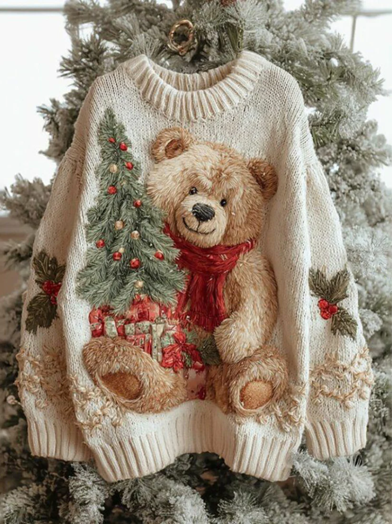 Pull d’hiver beige clair, col montant, motif ours et sapin brodés, écharpe rouge