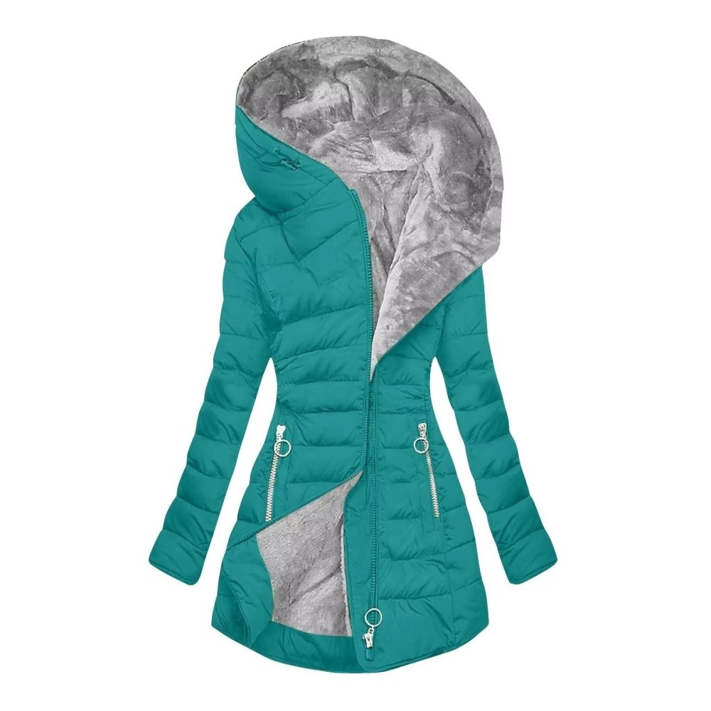 Manteau d’hiver matelassé à capuche, vert turquoise et doublure grise effet fourrure, zips à l’avant