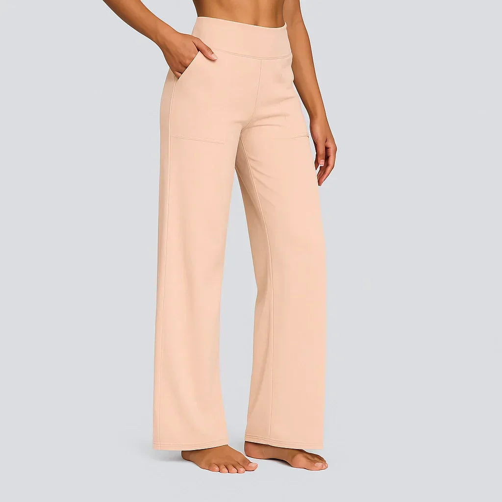 Pantalon confortable beige clair, taille haute et jambe ample