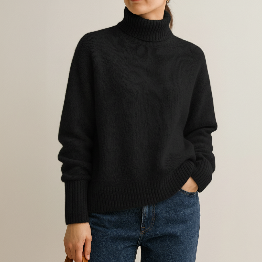 Pull oversize en cachemire noir, col roulé côtelé, finitions côtelées.