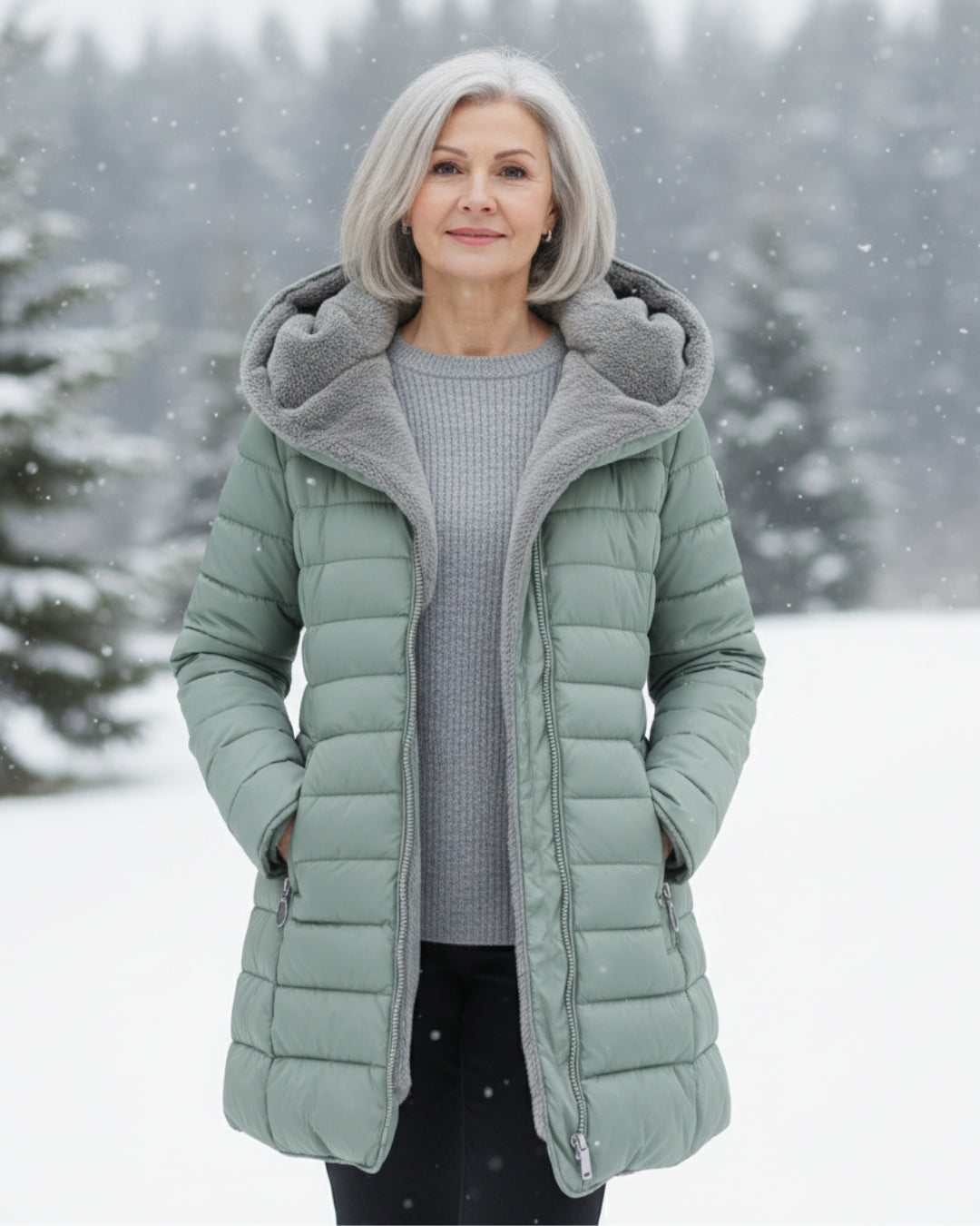 Manteau d’hiver matelassé vert clair à capuche bordée de tissu gris, zippé