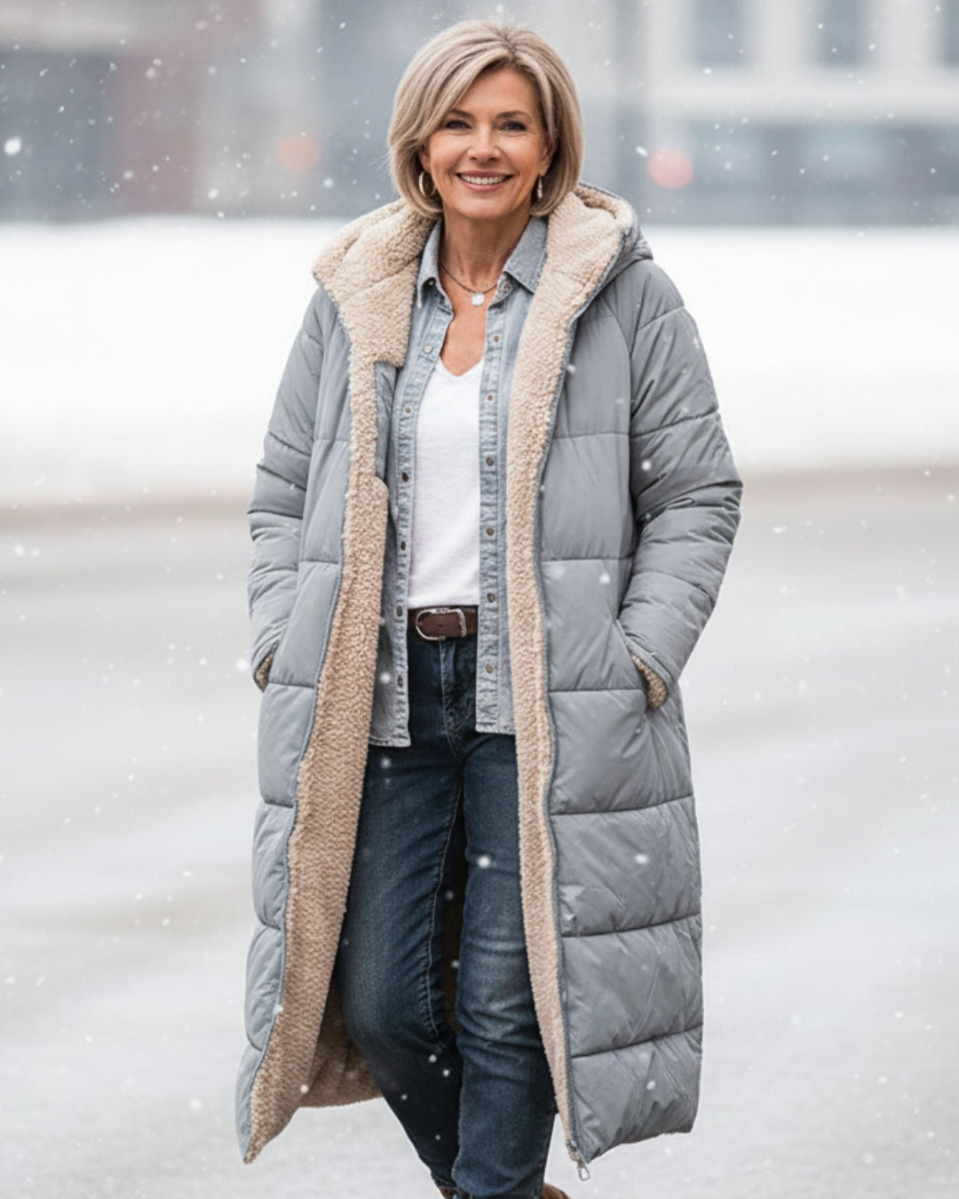 Manteau réversible gris clair, col en fausse fourrure beige, fermeture boutonnée