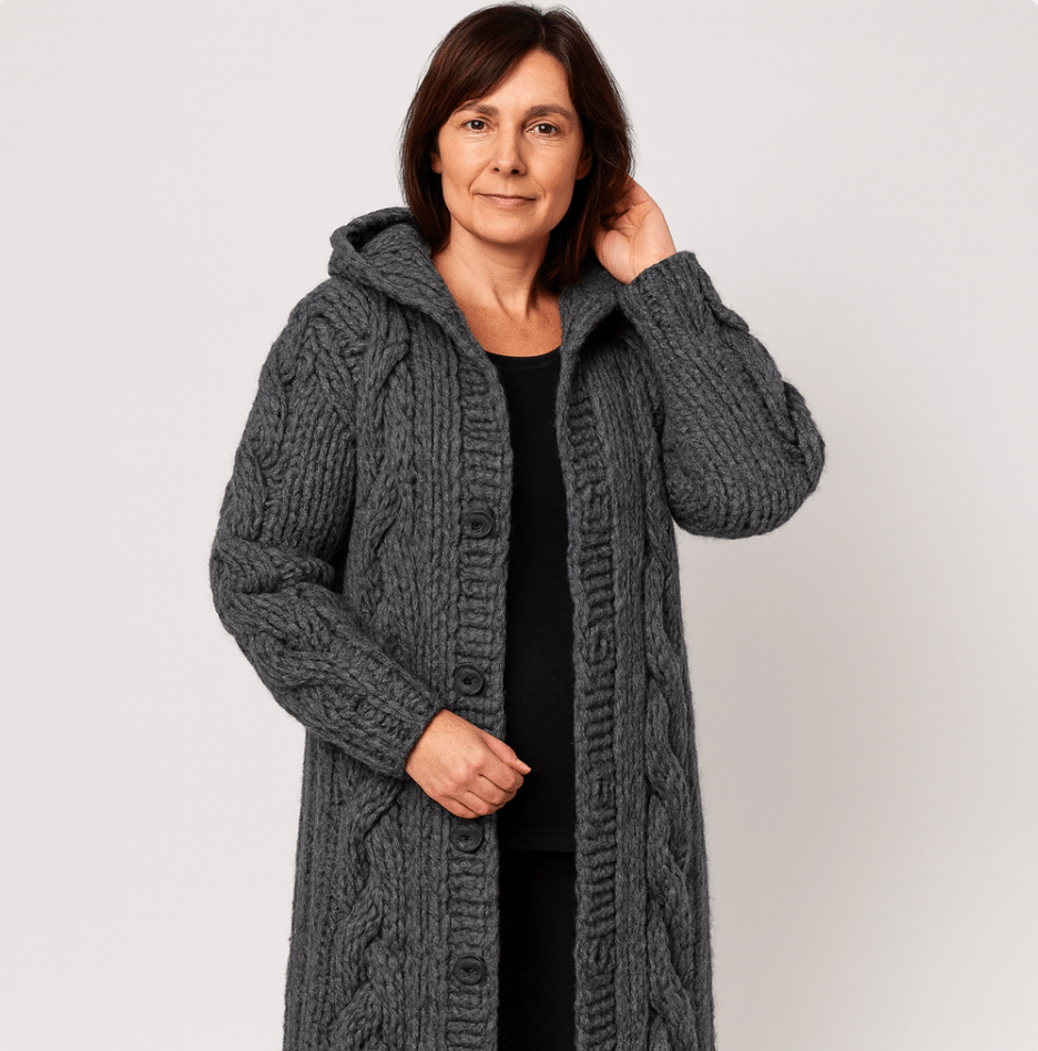 Manteau tricoté élégant gris foncé à capuche, fermeture à boutons et maille torsadée