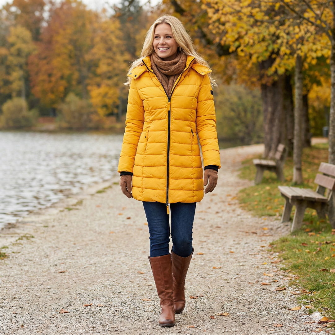 Veste d’hiver matelassée jaune, fermeture zippée et poignets côtelés