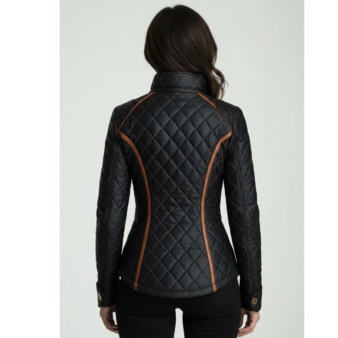 Veste matelassée noire, vue dos, col montant et passepoil orange contrastant