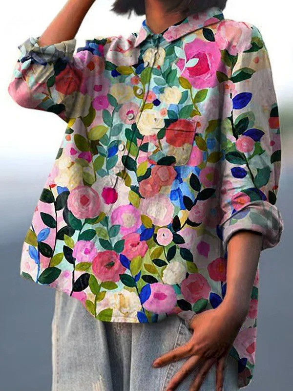 Chemise décontractée à fleurs multicolores, col boutonné, manches longues, coupe ample