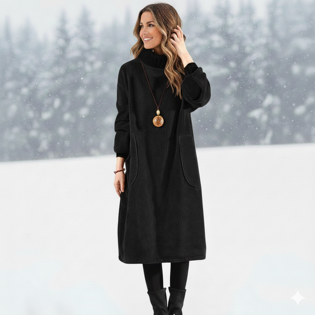 Robe midi noire à col montant, manches longues, poches latérales, coupe confortable
