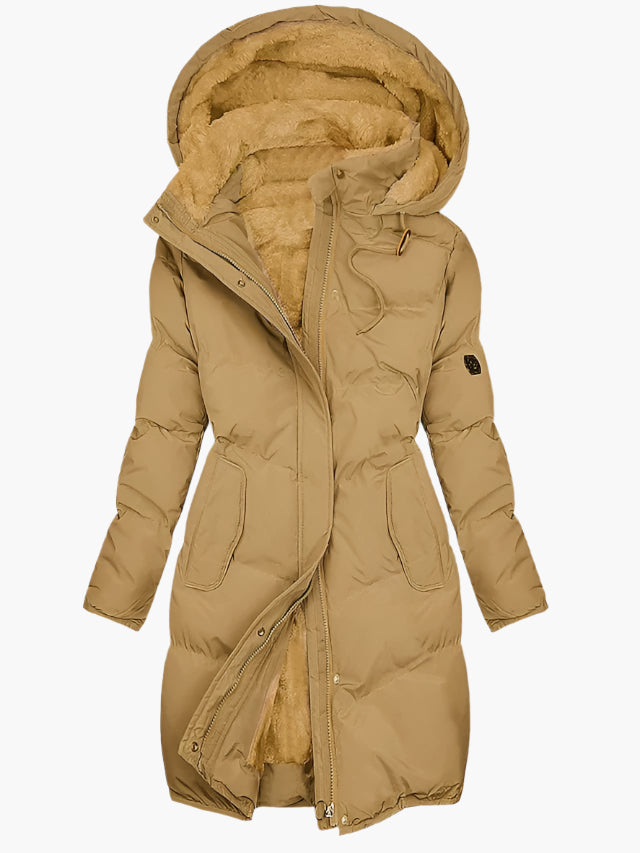 Manteau hivernal beige à capuche, doublure fourrure, fermeture zippée, poches