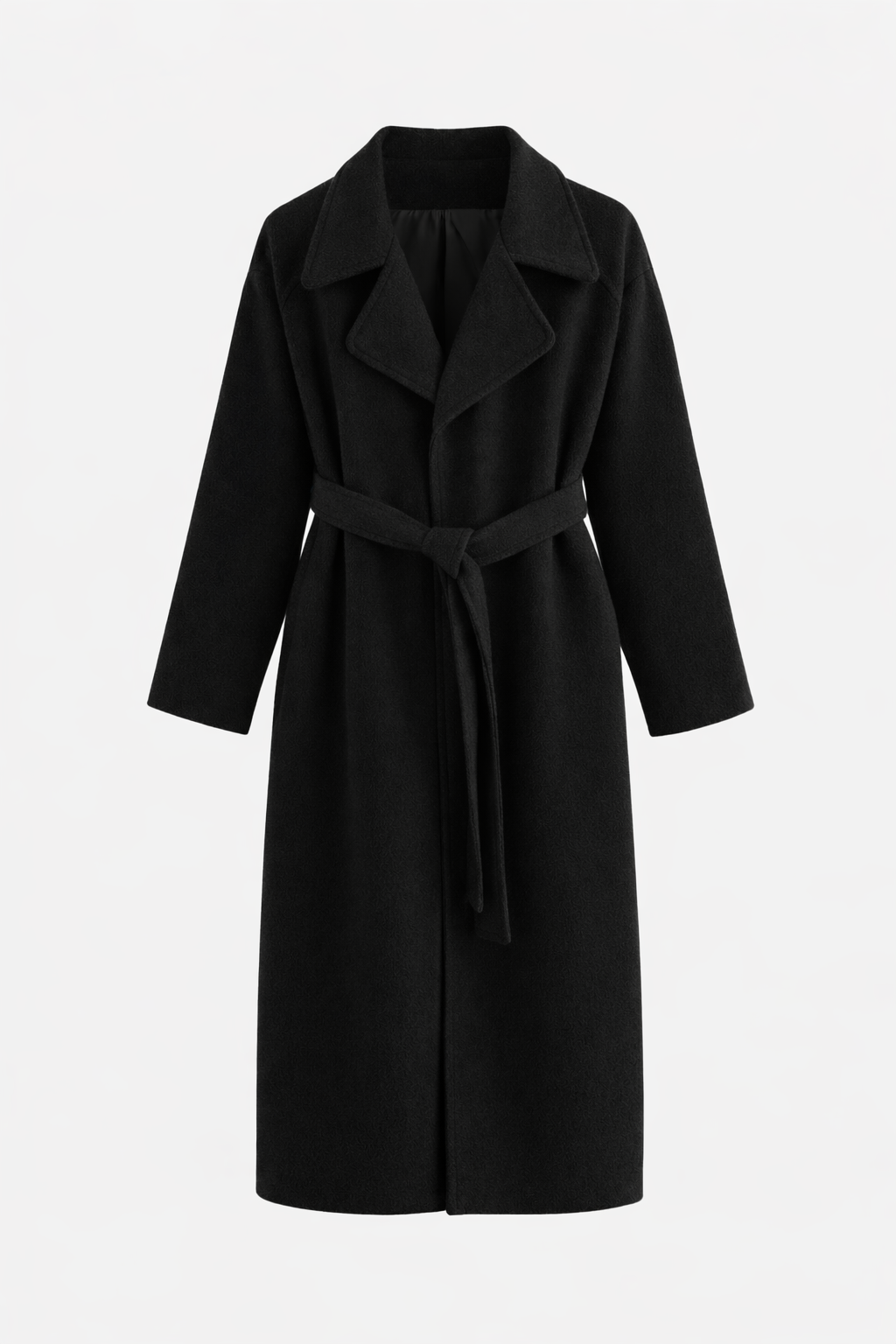 Manteau mi-long noir à ceinture, col revers et fermeture boutonnée