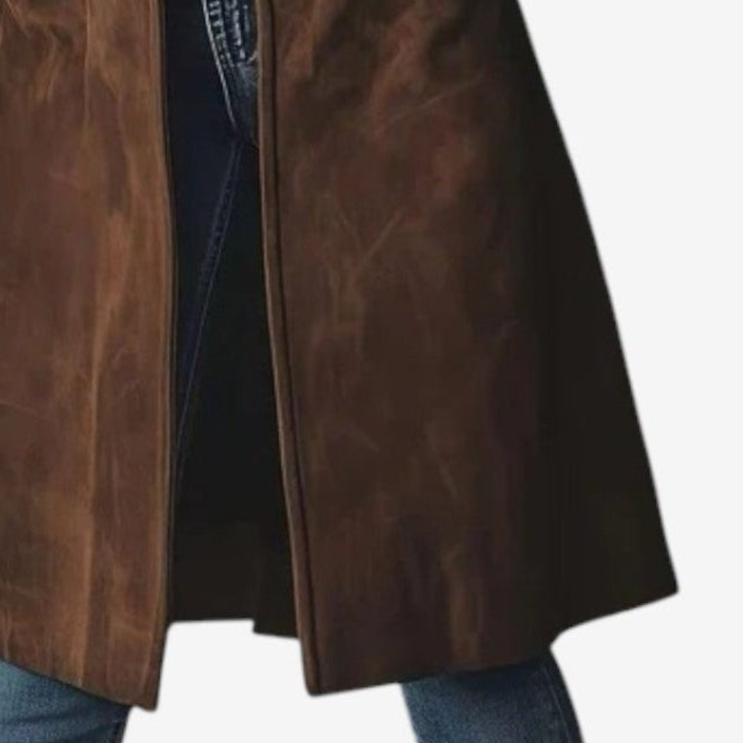 Bas de manteau long marron avec ourlet évasé et fermeture boutonnée au centre