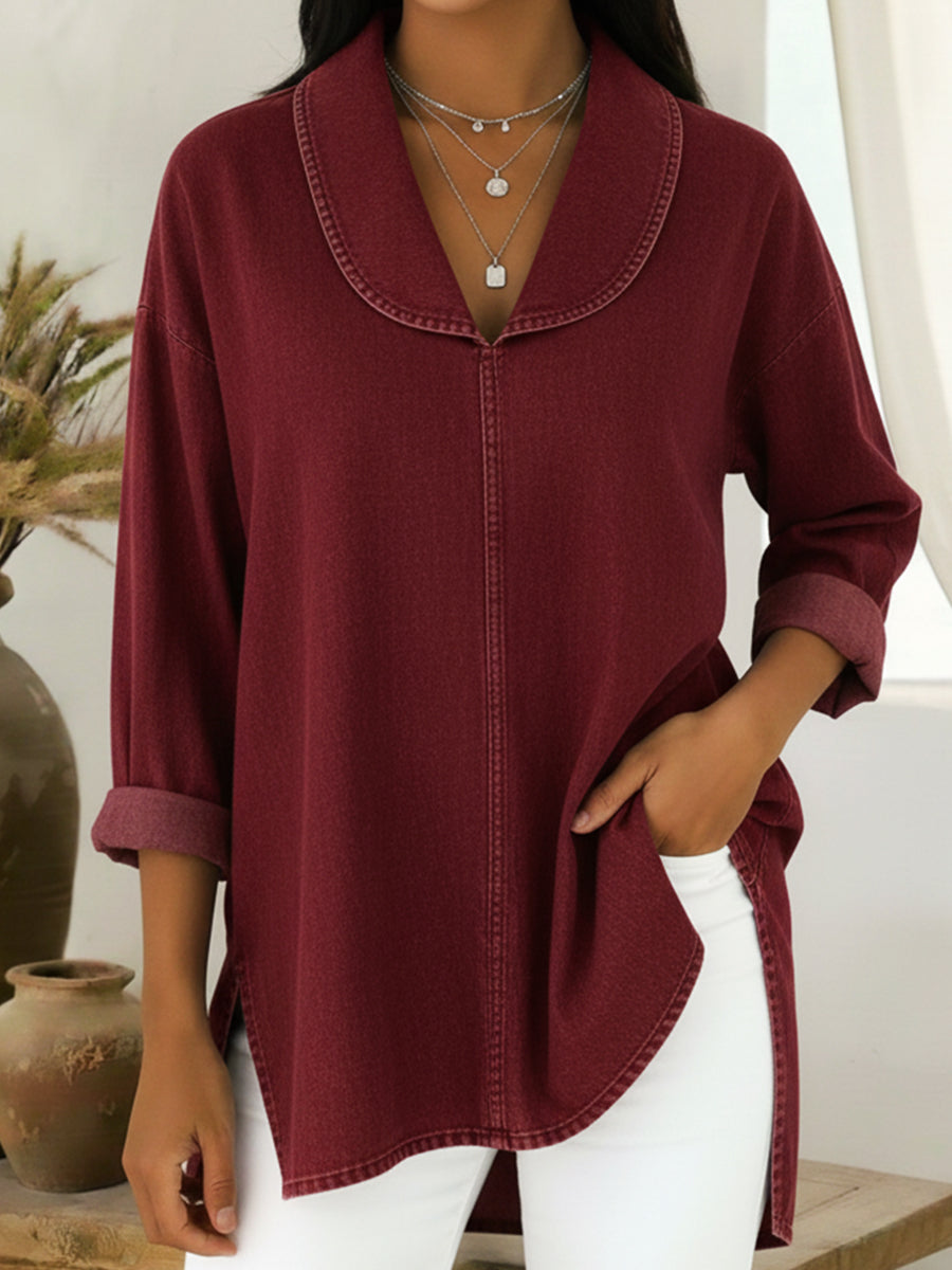 Chemise rétro rouge bordeaux, col rond, manches 3/4 retroussées, poche asymétrique latérale