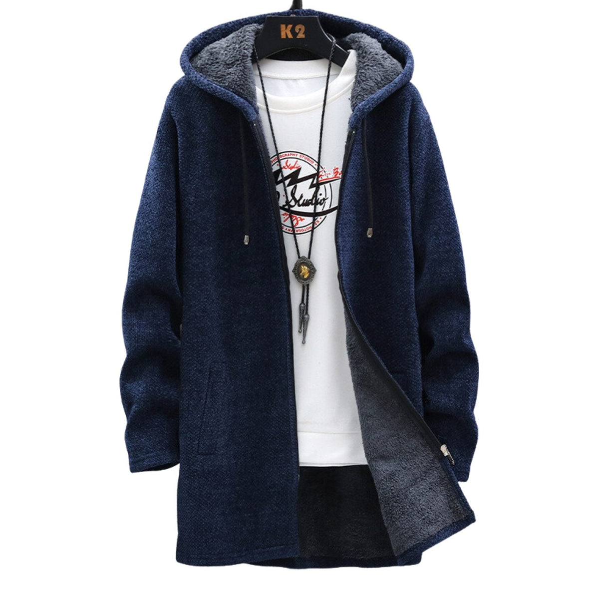 Cardigan zippé à capuche bleu marine, doublure intérieure contrastée, cordons et poches latérales.
