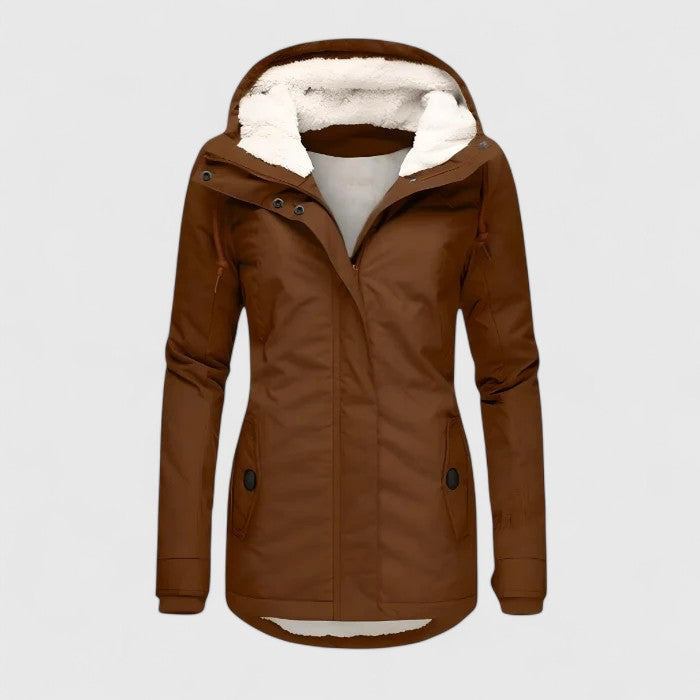 Veste imperméable marron à capuche doublée fourrure, fermeture zippée, poches sur le devant