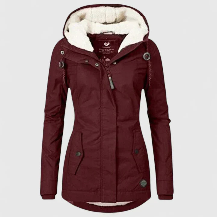 Manteau bordeaux à capuche fourrée, fermeture zippée et poches