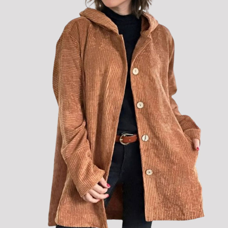 Veste à capuche en velours côtelé marron clair, fermeture boutonnée, coupe ample