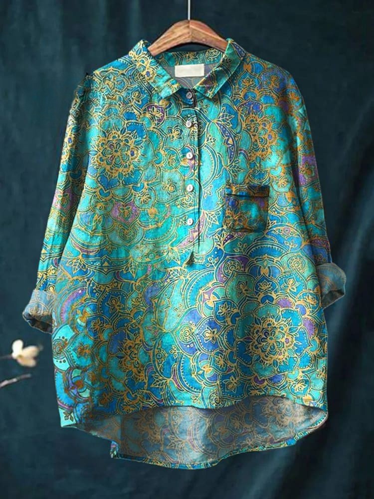Chemise vert à imprimé mandala turquoise, manches longues, col et boutons