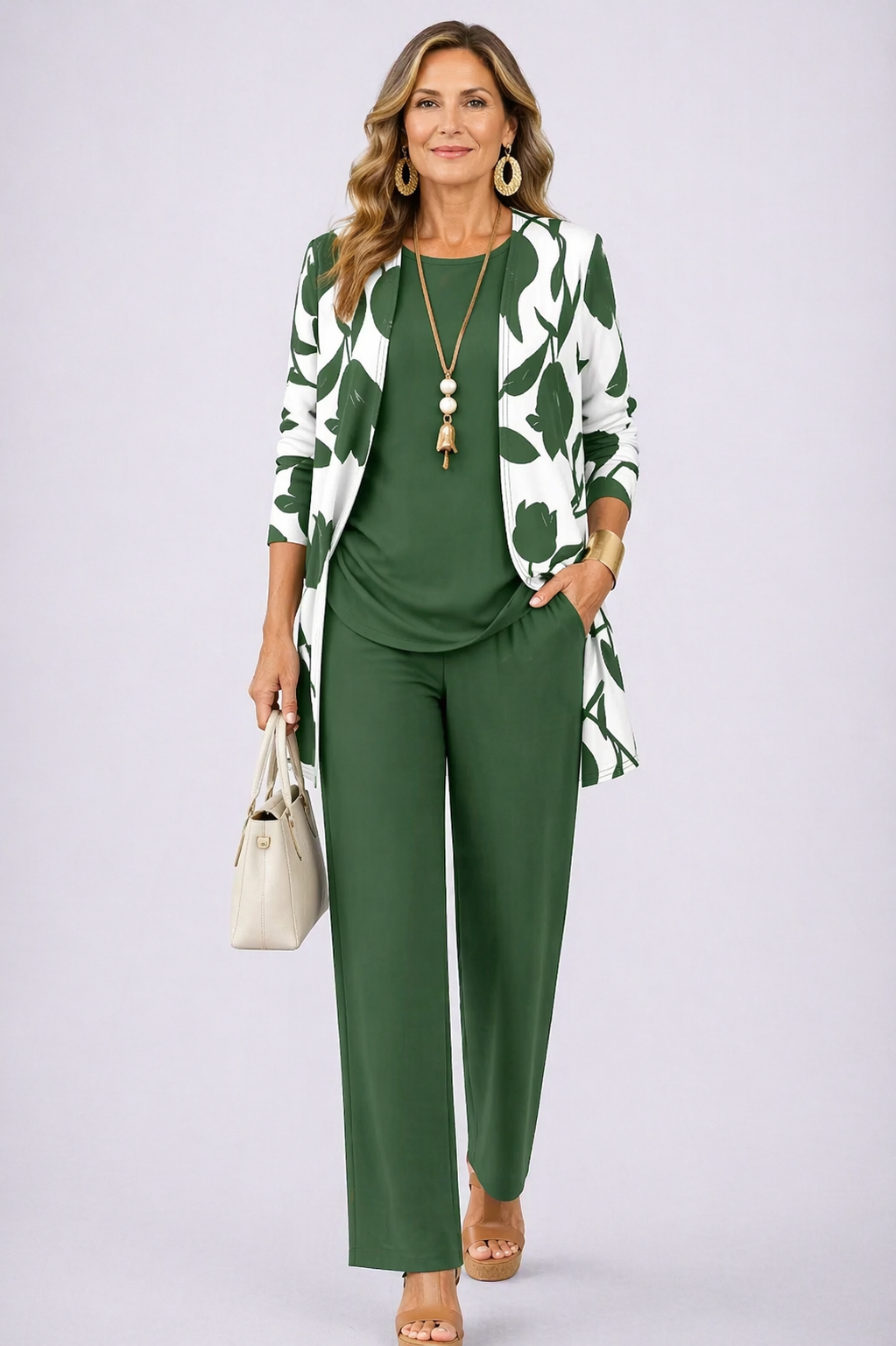 Ensemble trois pièces vert : veste imprimée feuilles, top et pantalon assortis