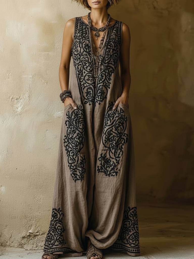 Ensemble bohème deux pièces sans manches : haut et pantalon beige à motifs noirs