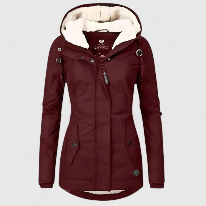 Manteau d’hiver imperméable bordeaux à capuche, doublure chaude effet fourrure