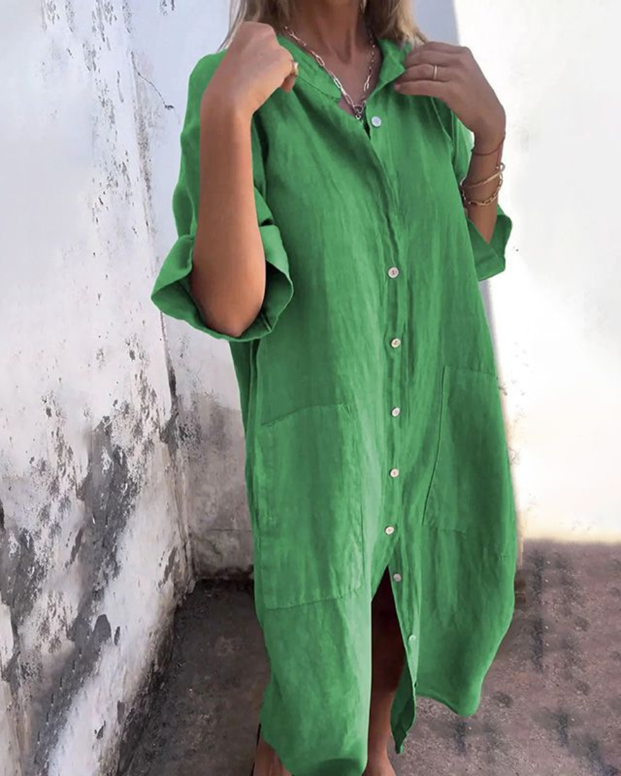 Robe chemise décontractée verte à manches courtes, col et boutons devant