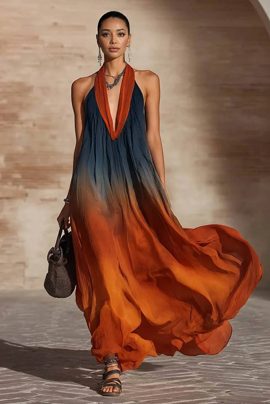 Robe longue dégradée halter à encolure V, bleu nuit vers orange, coupe fluide