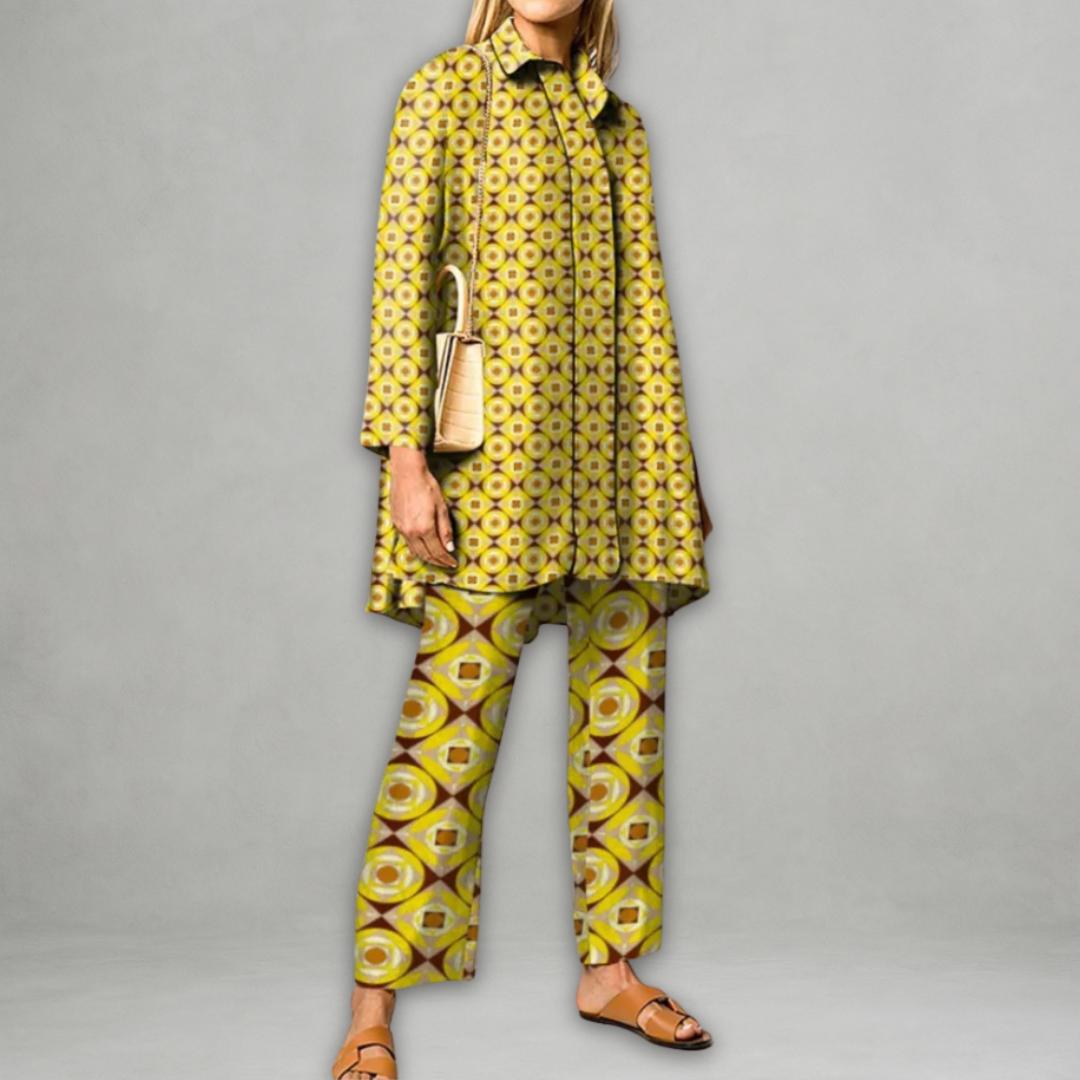 Ensemble deux pièces : tunique longue à col et pantalon, motif jaune circulaire