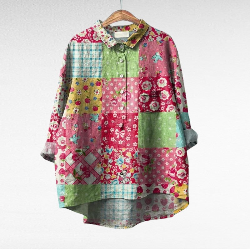 Blouse boutonnée patchwork de fleurs et carreaux, col chemise, manches longues