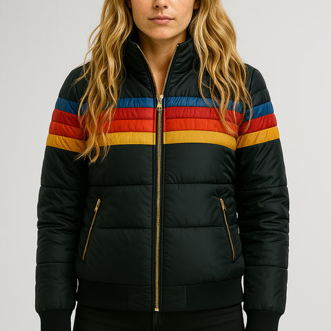 Veste imperméable à capuche noire, rayures arc-en-ciel et poches zippées
