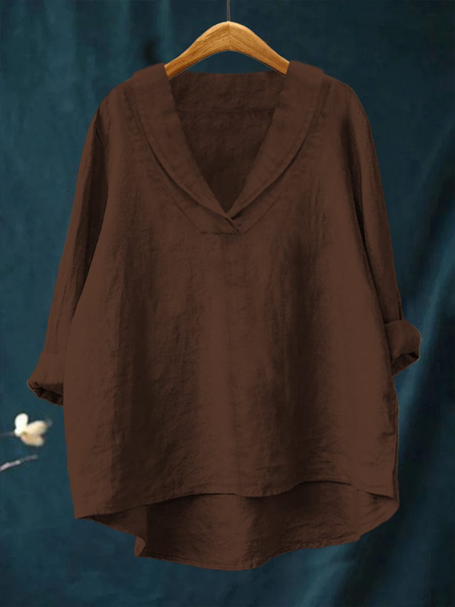 Blouse fluide col V marron, manches trois-quarts, coupe ample