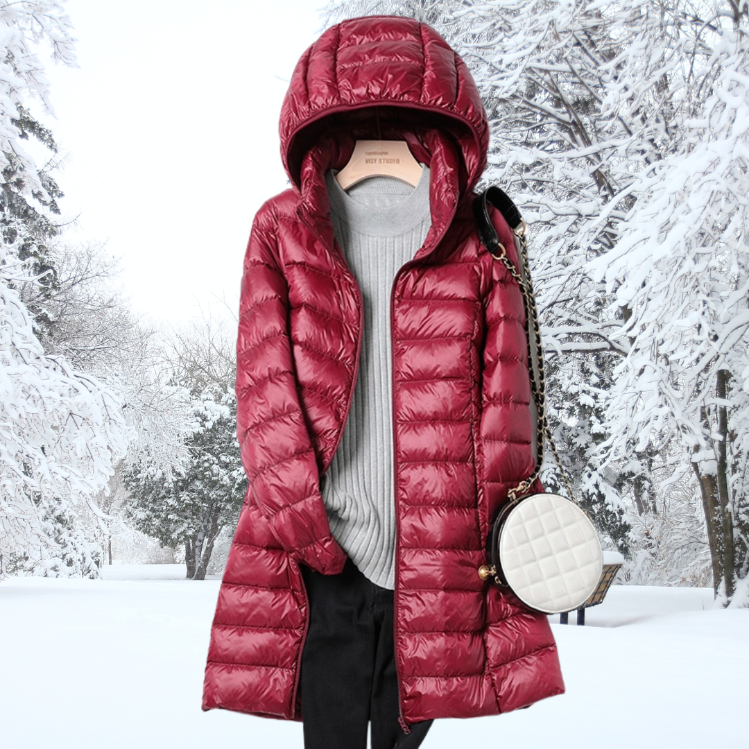 Parka doudoune bordeaux longue à capuche, fermeture zippée, surpiqûres