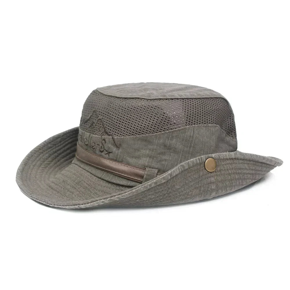 Chapeau d’extérieur respirant gris kaki, bord large, maille respirante, bouton doré