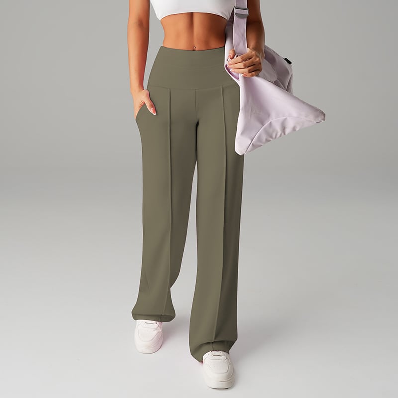 Pantalon femme à jambes larges et droites, taille haute. Tissu extensible