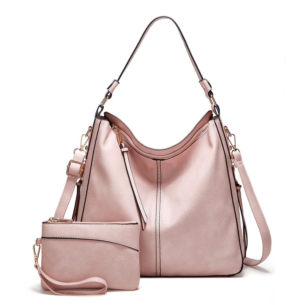Sac à main en cuir rose pâle vintage, anses et pochette assortie à bandoulière