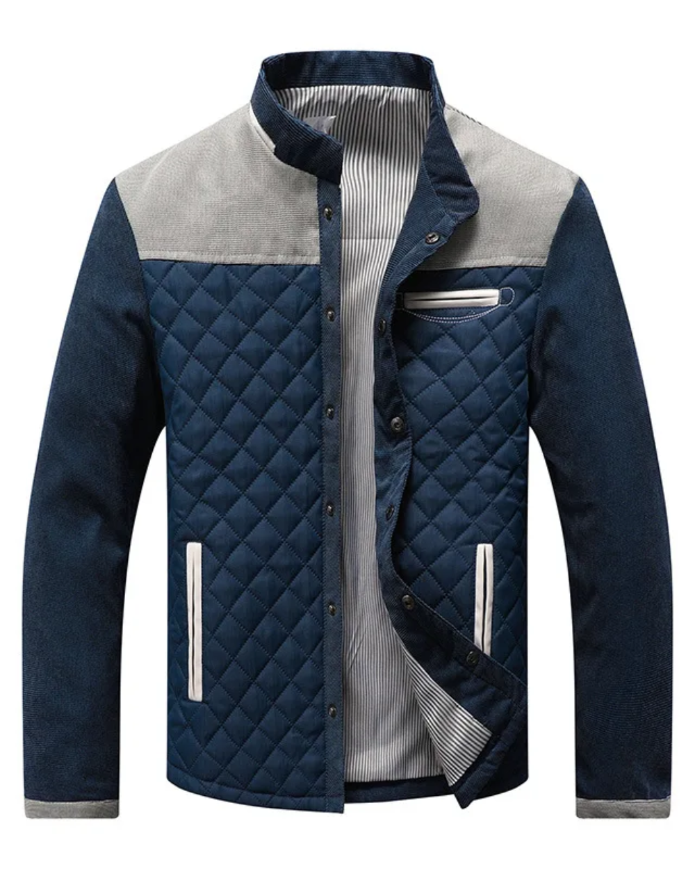 Veste de luxe homme bicolore bleu marine et gris, col bleu, poches poitrine à rabat.
