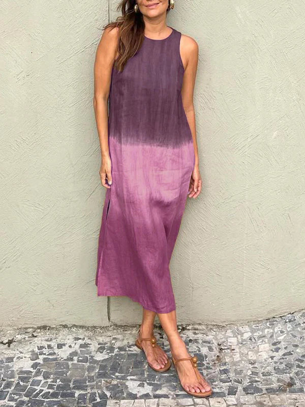 Robe sans manches mi-longue tie-dye violet et rose, encolure ronde