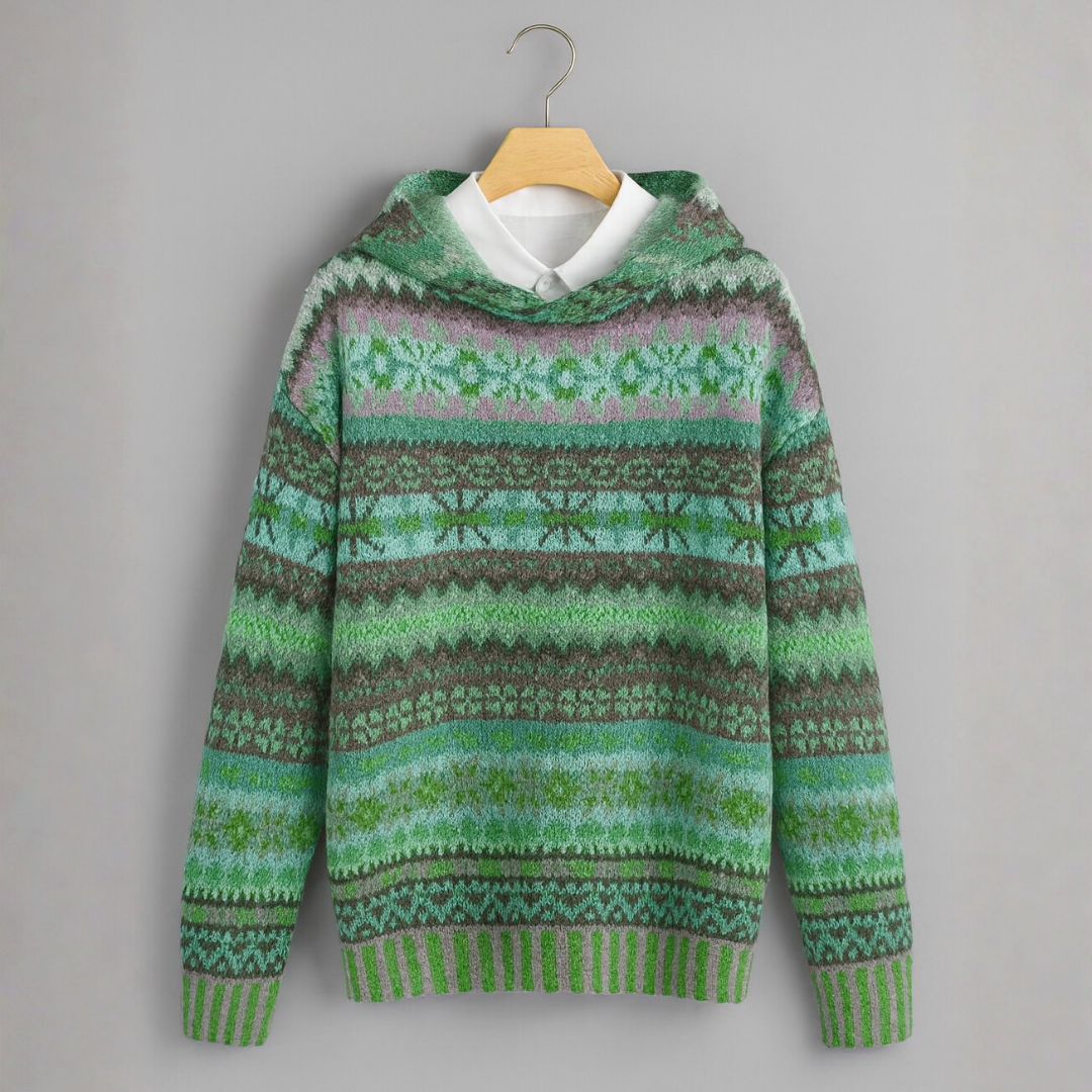 Sweat à capuche en maille vert, motifs ethniques verts et roses, poignets côtelés