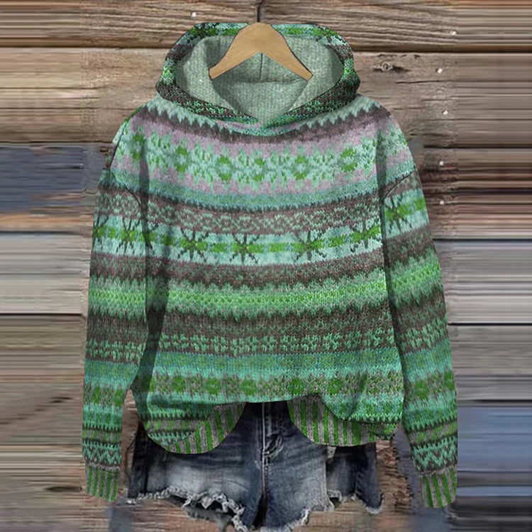 Haut en maille à capuche, motif ethnique multicolore vert, ourlet irrégulier