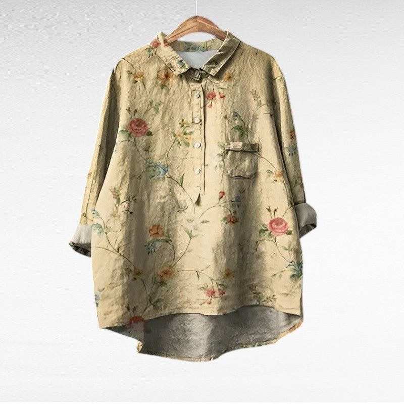 Blouse en lin Noémie, col chemise, manches trois-quarts, fleurs multicolores sur fond beige