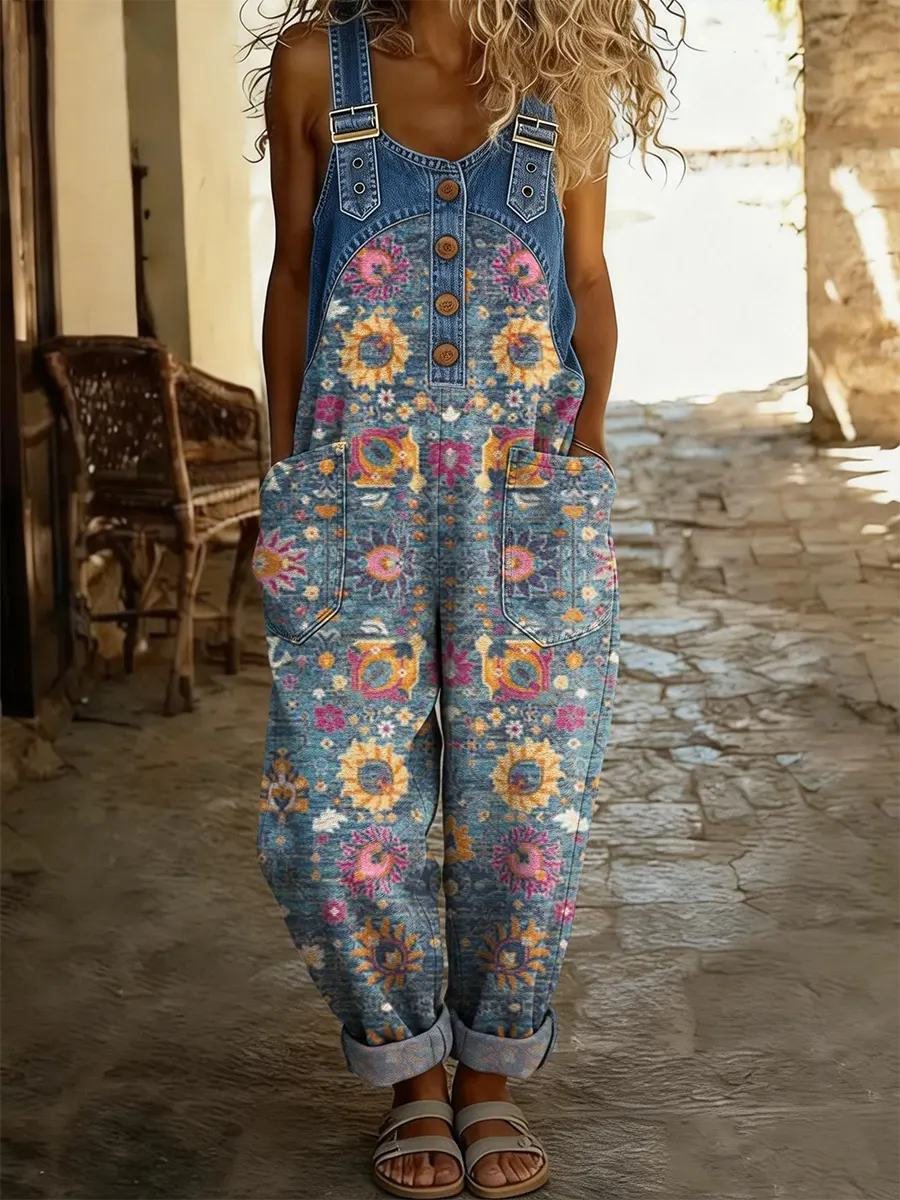 Salopette en jean patchwork à bretelles, bleu clair, imprimé floral multicolore.