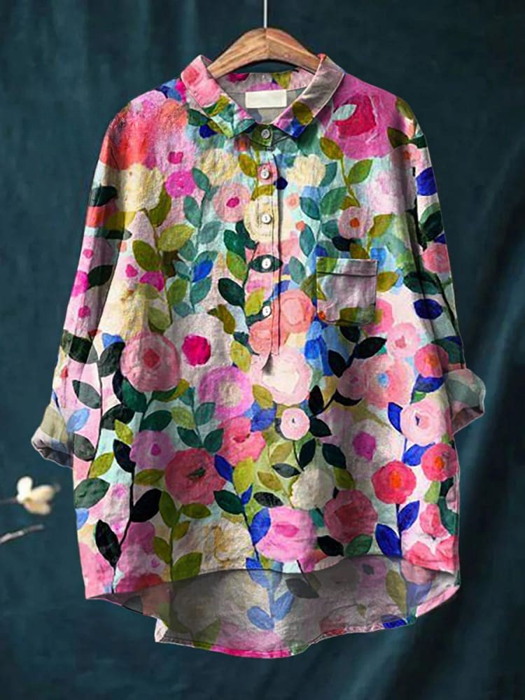 Chemise à manches longues multicolore à motifs floraux, col boutonné.