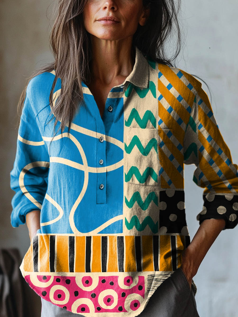 Chemise à manches longues multicolore à imprimé géométrique, col chemise et boutons.