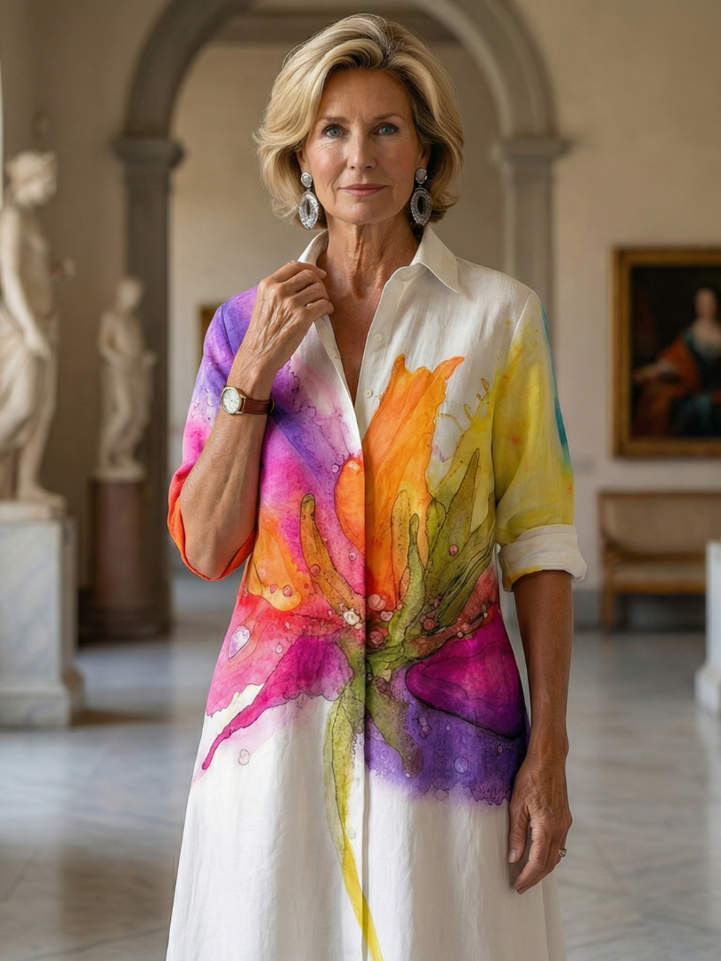 Robe Ulyssa en coton blanc, boutons devant et col, peinture aquarelle multicolore