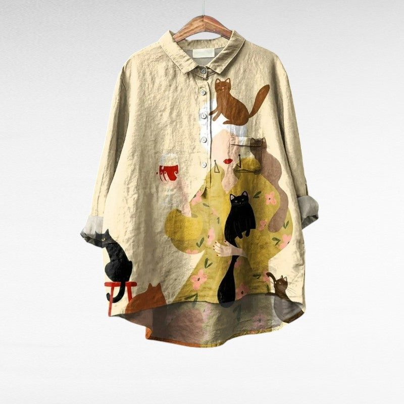 Blouse d’été beige à boutons, imprimé chats et animaux