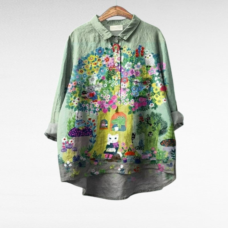 Blouse d’été en lin vert à motifs floraux multicolores, col chemise et boutons