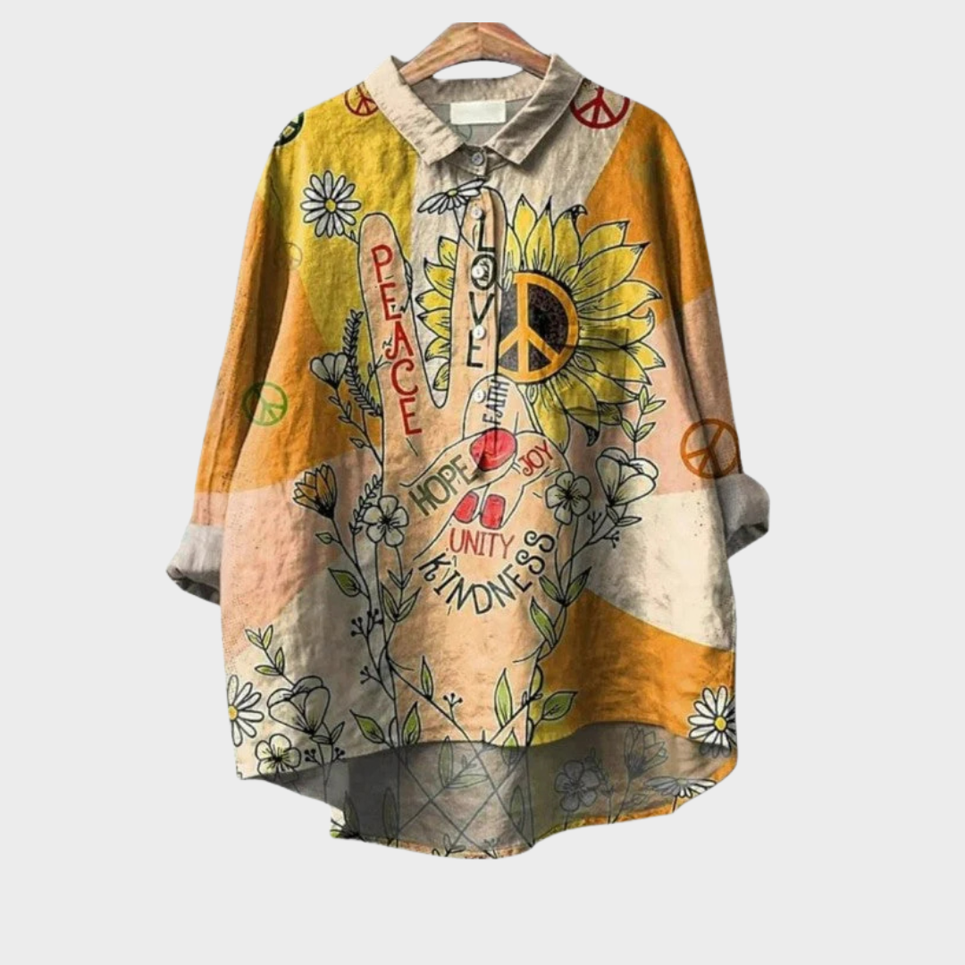 Chemise d’été en lin multicolore, col chemise et patte boutonnée, imprimé floral et abstrait.