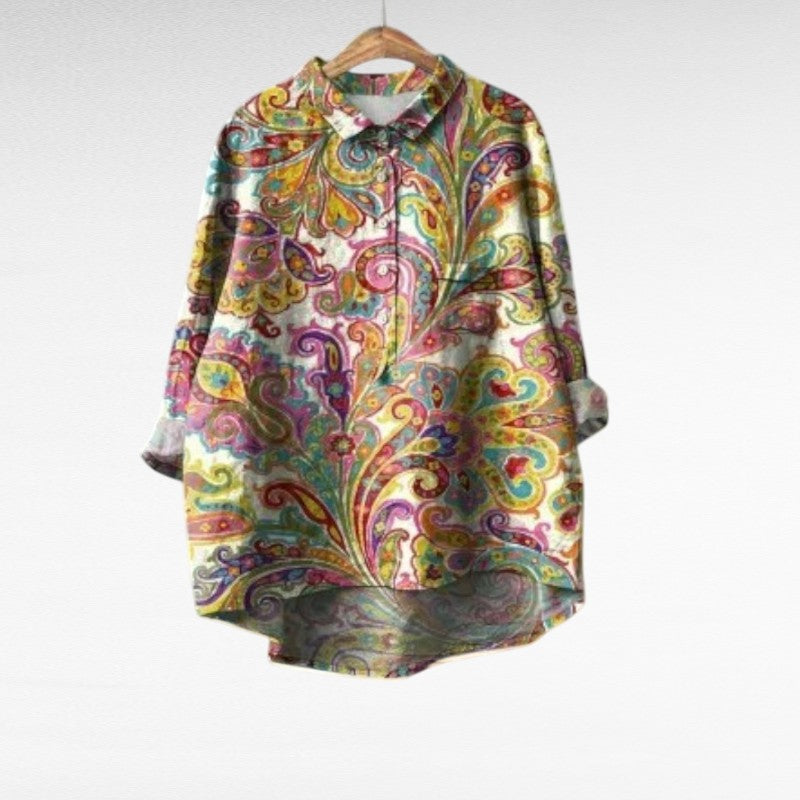 Chemisier en lin multicolore à col chemise, motifs cachemire, manches longues boutonnées