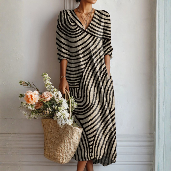 Robe vintage midi noire et blanche à motif ondulé, col croisé en V, manches 3/4
