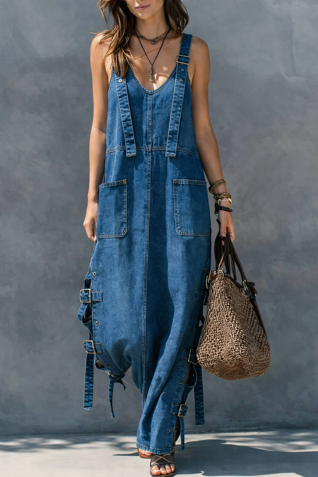 Combinaison en denim bleue sans manches, bretelles, taille élastique, poches